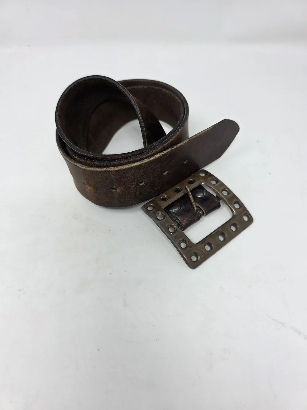 Distressed Brown Leather Belt Wide Western Boho Square Metal Buckle Rustic Y2K